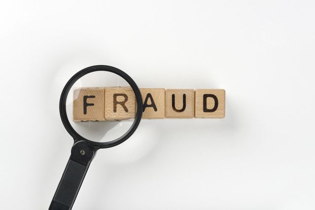 A magnifying glass is looking at the word fraud on wooden blocks.
