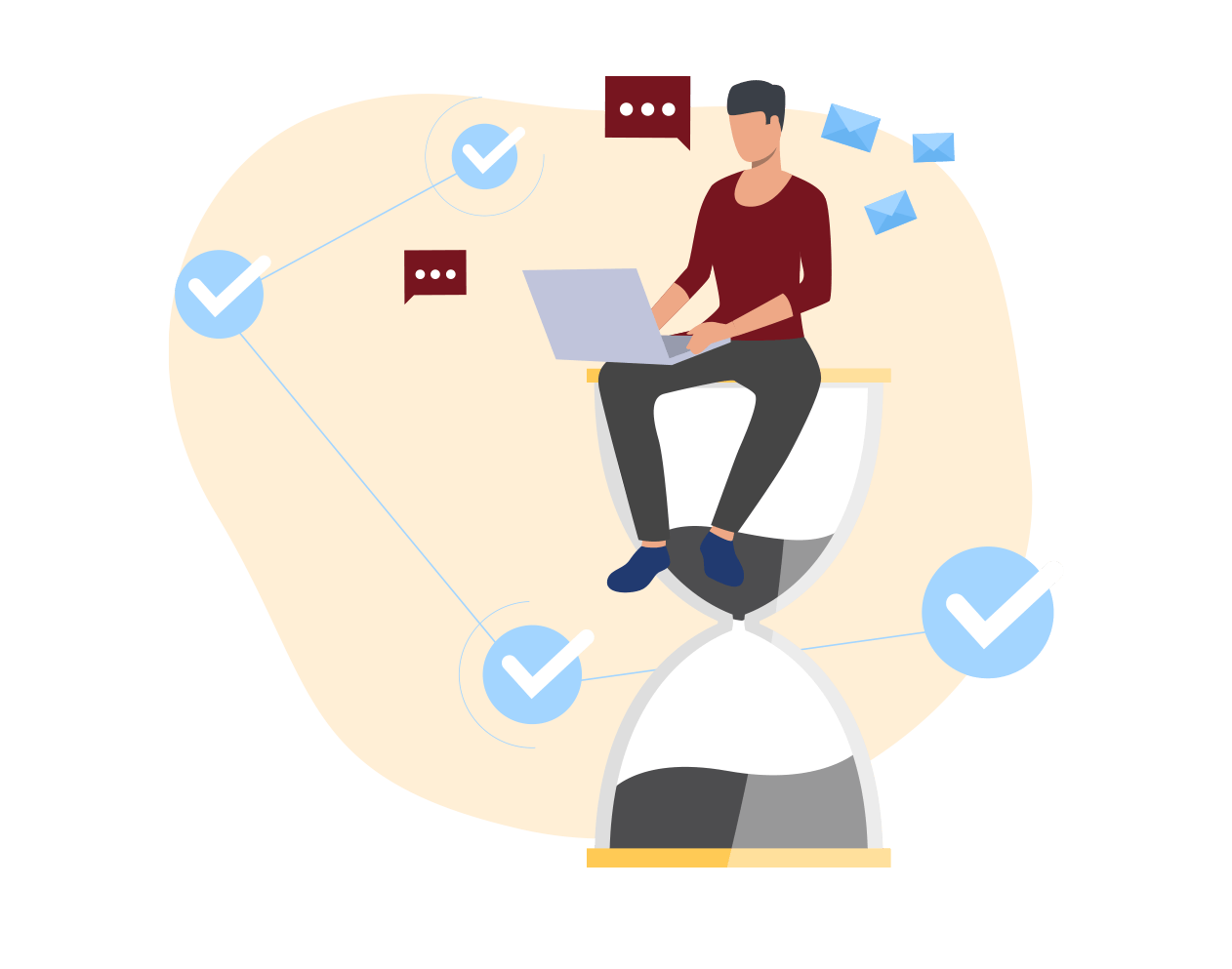 A man is sitting on top of an hourglass using a laptop.