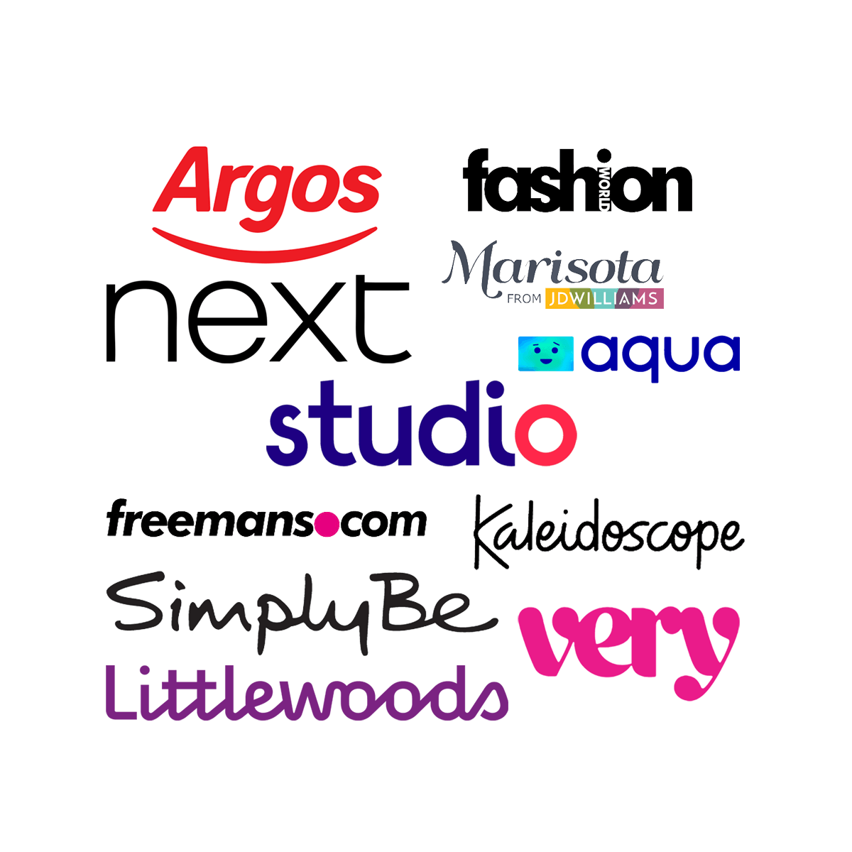 A collage of logos for argos , fashion , next studio , freemans com , kaleidoscope and littlewoods