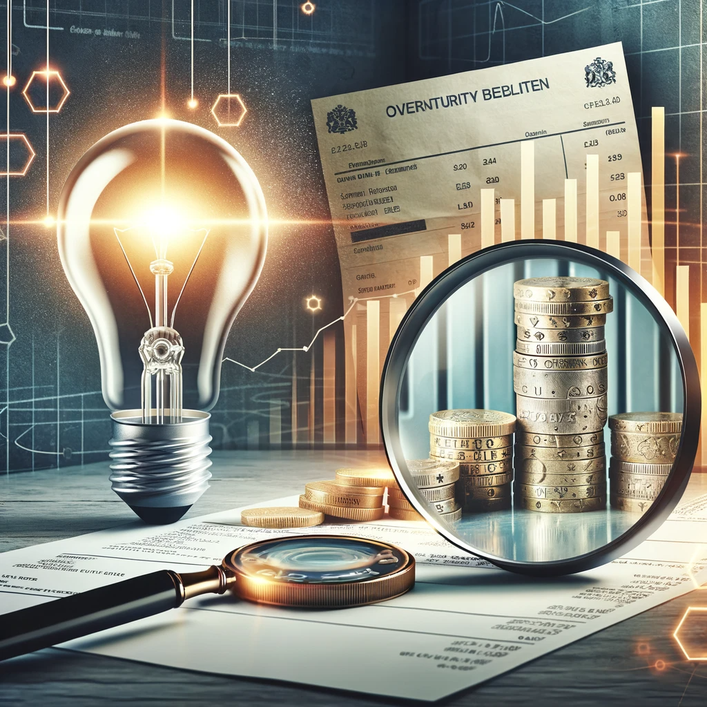 A light bulb , magnifying glass , and stacks of coins on a table.
