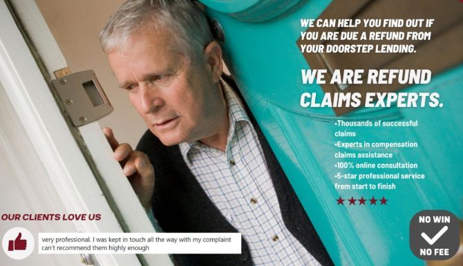 A man is talking on a cell phone in front of a door that says we are refund claims experts