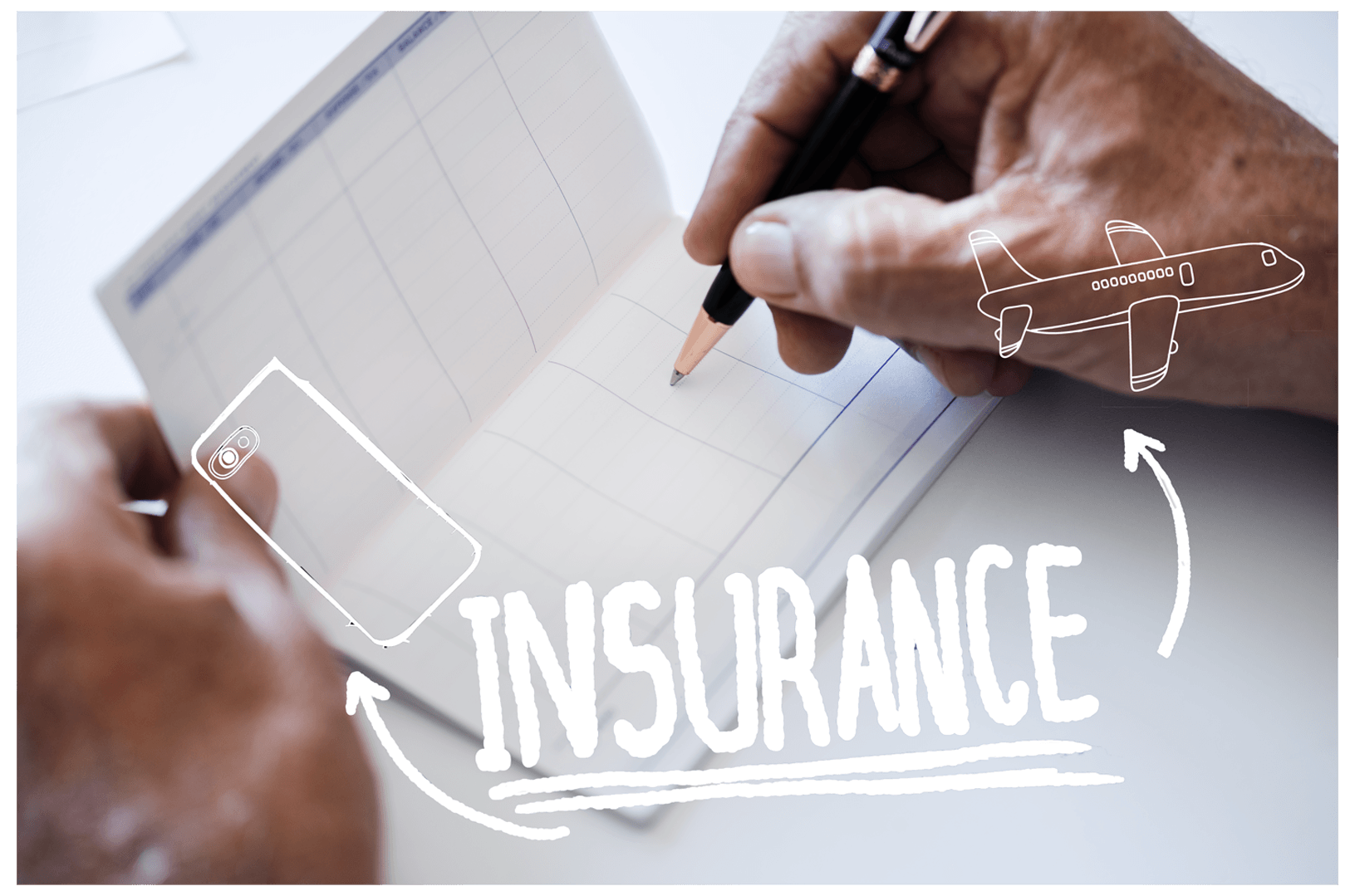 A person is writing on a piece of paper that says insurance