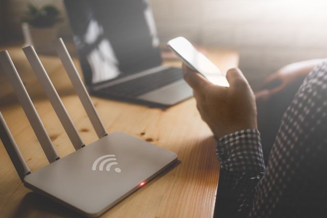 A person is using a cell phone in front of a router.