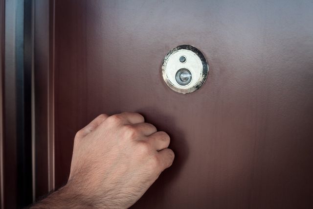 A man is knocking on a door with his hand collect a door step loan payment